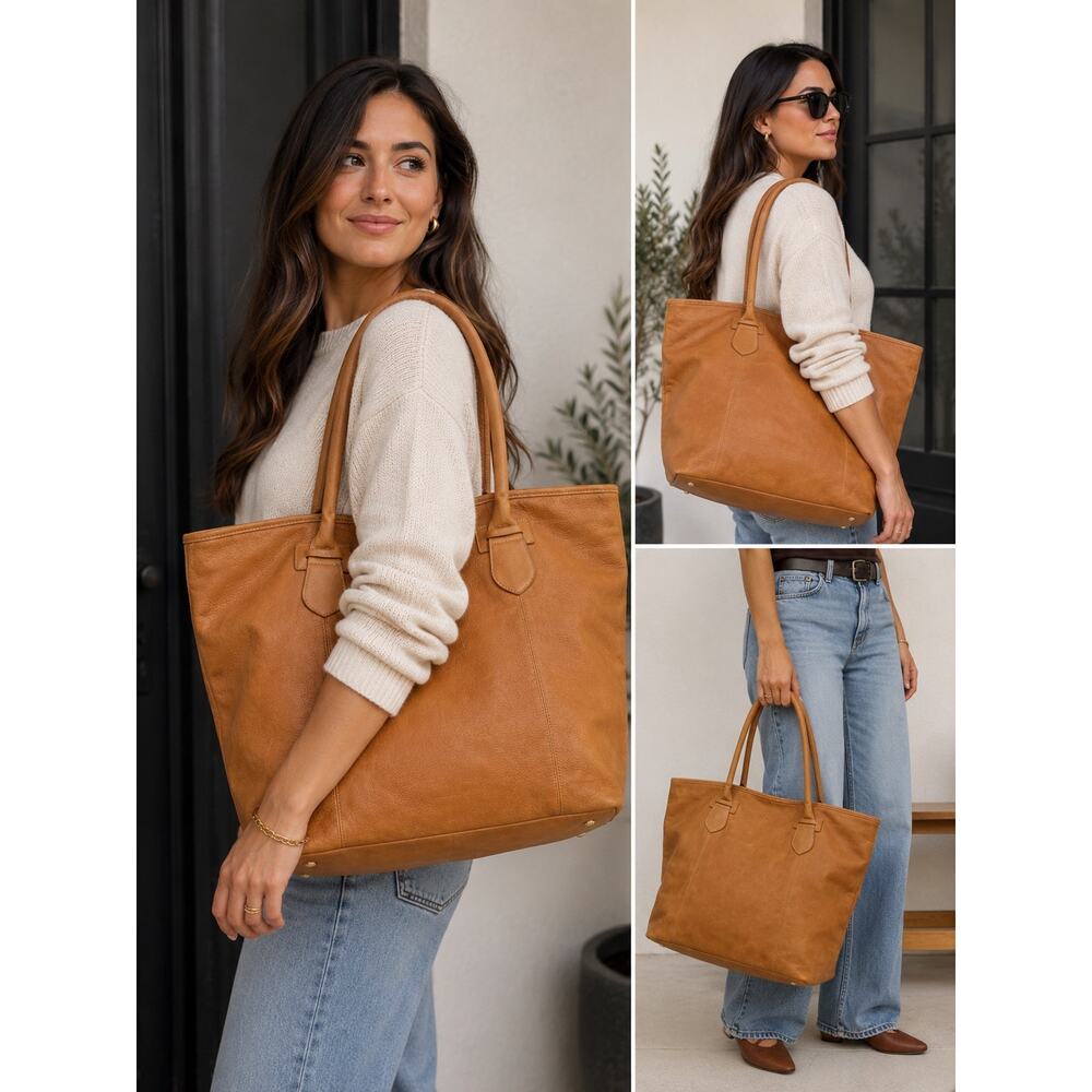 Saddle River Cognac Leather Tote Oversized Shopper Travel Weekender Bag